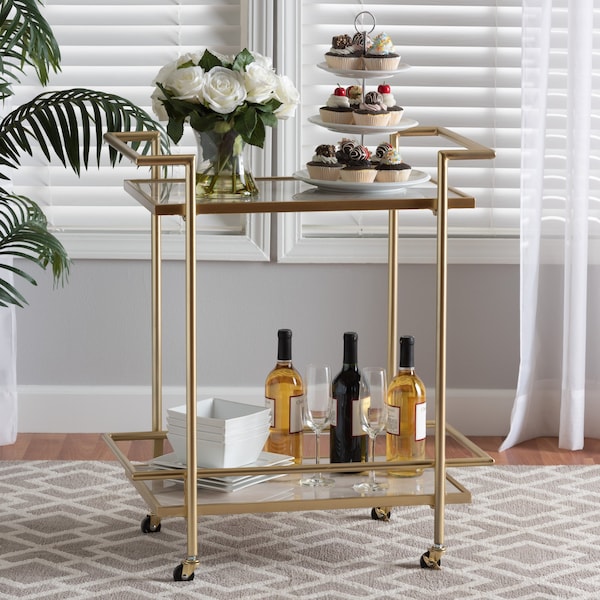 Baxton Studio Louise Contemporary Glam and Luxe Gold Metal and White Marble 2Tier Wine Cart 222-12528-ZORO - main